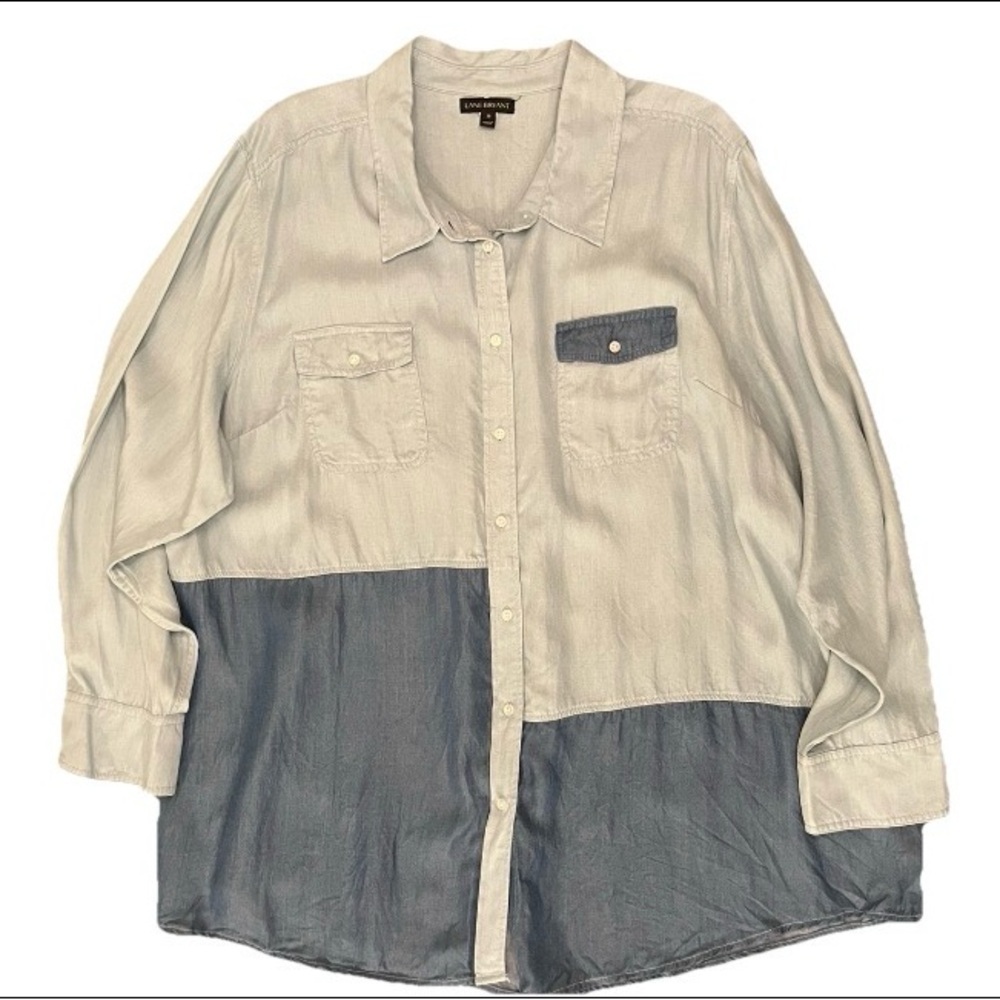 Lane Bryant Chambray Colorblock Button-Up Shirt Size 26 Blue Preppy Casual EUC